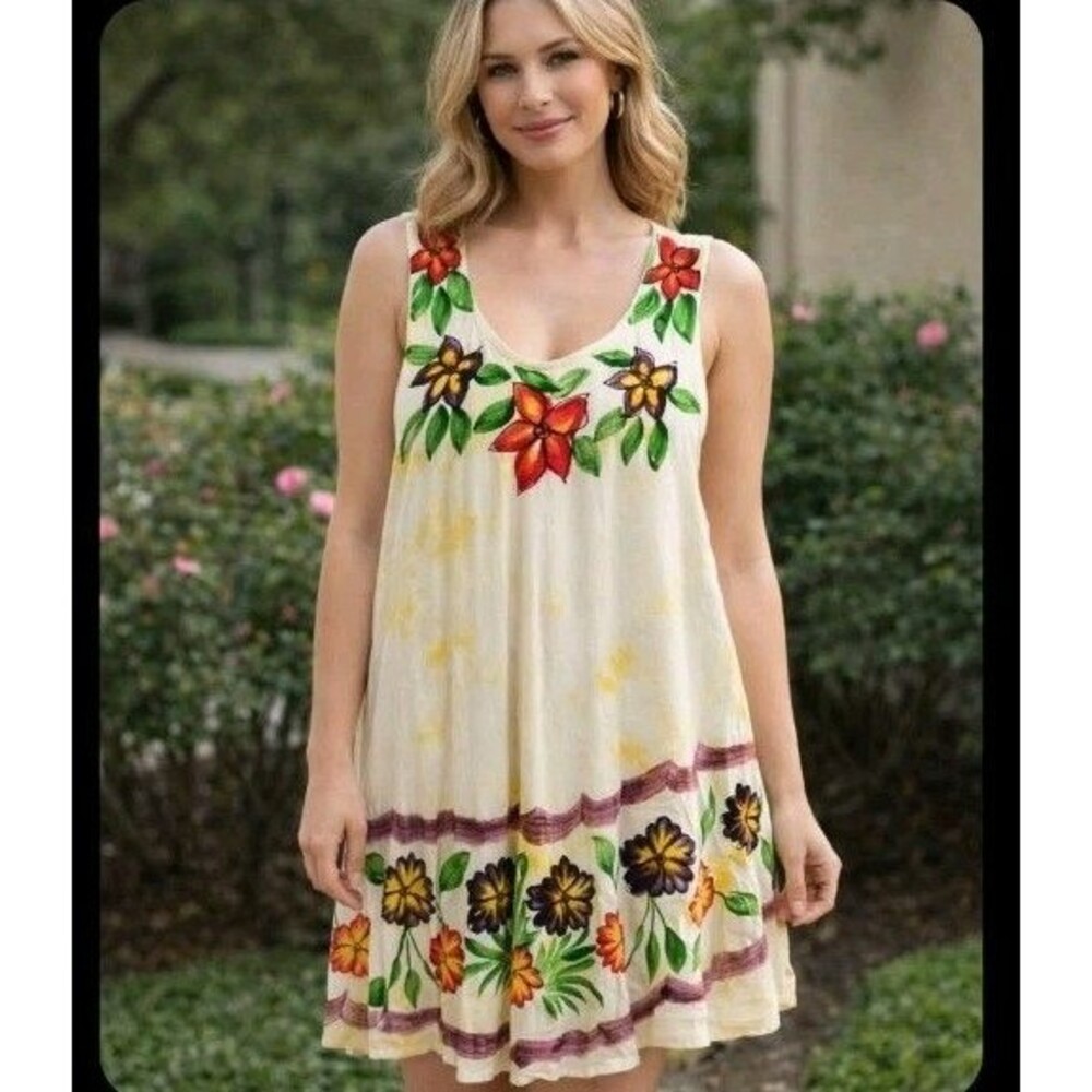 Cleopatra Summertime Dress Flowy Yellow Sleeveless Floral 100% Rayon Free Size